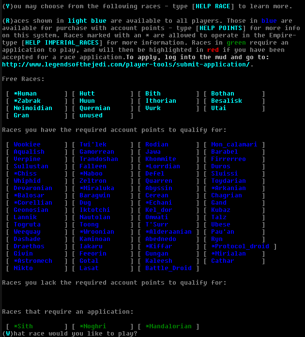 A screenshot of the racial selection screen.